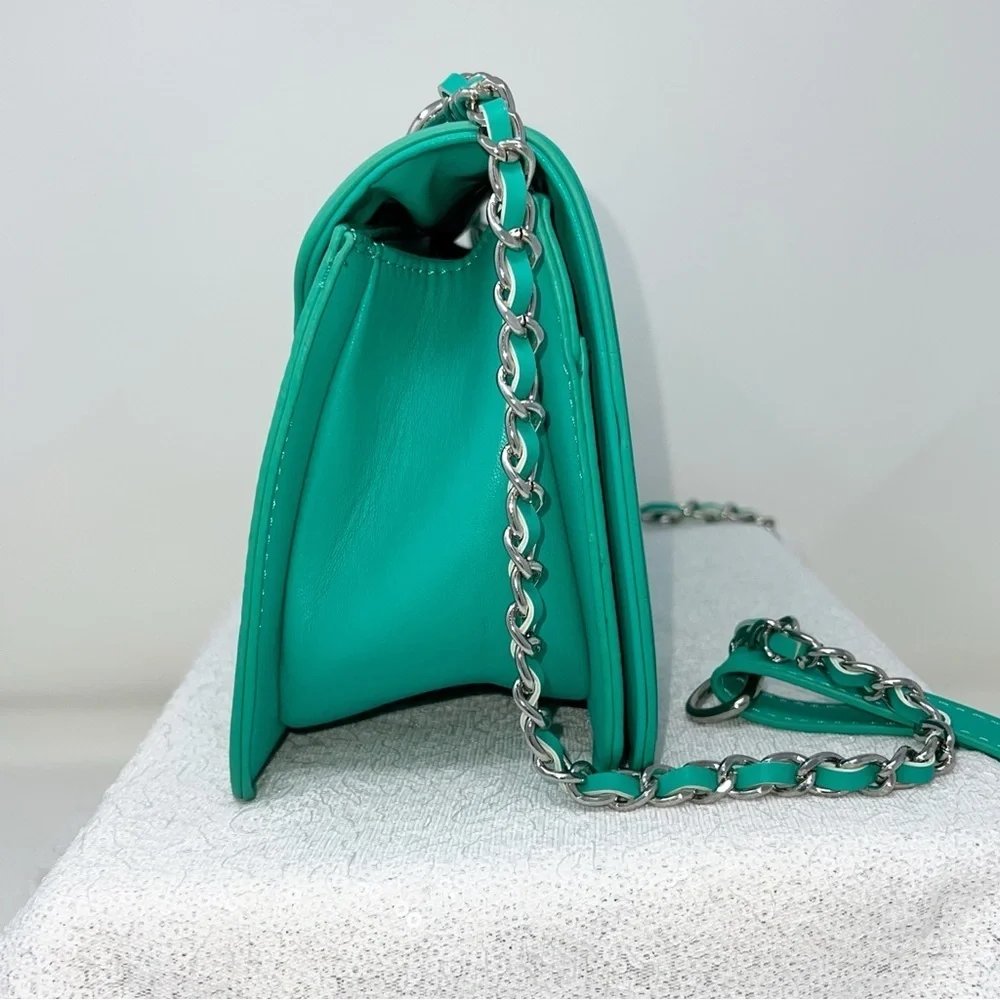 Badgley Mischka Crossbody Purse front quilted pearl studded green